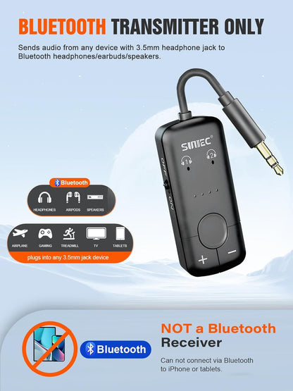 Adaptor transmitator AirFly cu Bluetooth, Dual Link, wireless, accepta 2 casti sau mufa AirPods, cu AUX 3.5 mm, latenta scazuta aptX, portabil, pentru TV, avion, masina (negru)