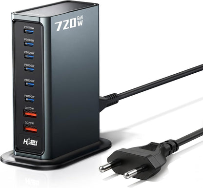 Statie de incarcare cu 8 porturi 720 W, USB-C pana la 140 W, USB-A 20 W, sursa de alimentare USB GaN pentru laptop, MacBook, iPad, iPhone, Samsung si multe altele