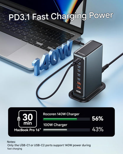 Statie de incarcare cu 8 porturi 720 W, USB-C pana la 140 W, USB-A 20 W, sursa de alimentare USB GaN pentru laptop, MacBook, iPad, iPhone, Samsung si multe altele
