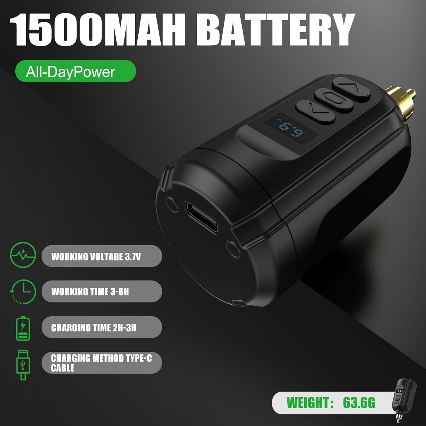 Set aparat de tatuat wireless, masina de tatuaje cu acumulator 1500 mAh, 10 ace tip cartus, 7 cerneluri, design ergonomic