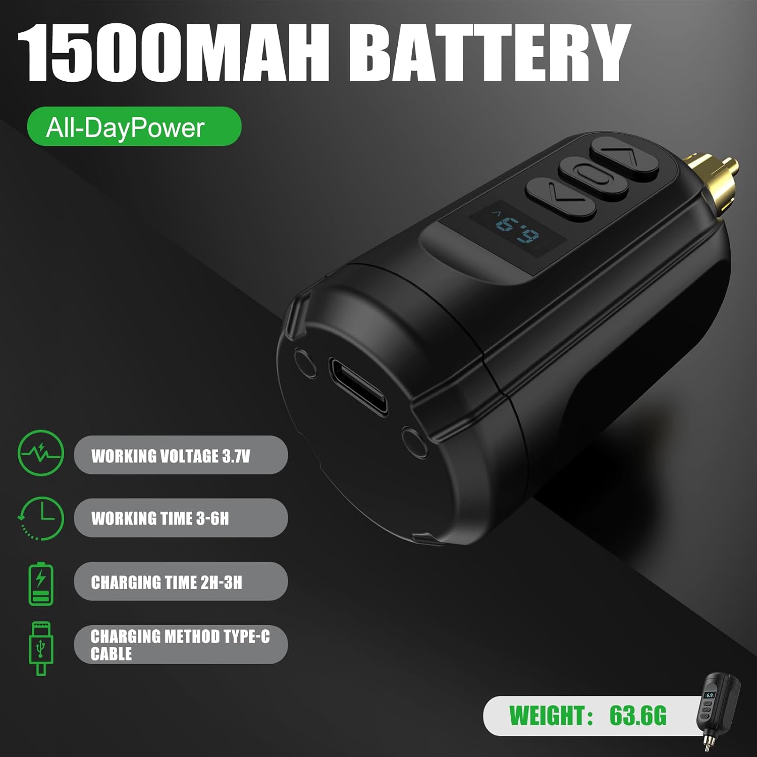 Set aparat de tatuat wireless, masina de tatuaje cu acumulator 1500 mAh, 10 ace tip cartus, 7 cerneluri, design ergonomic