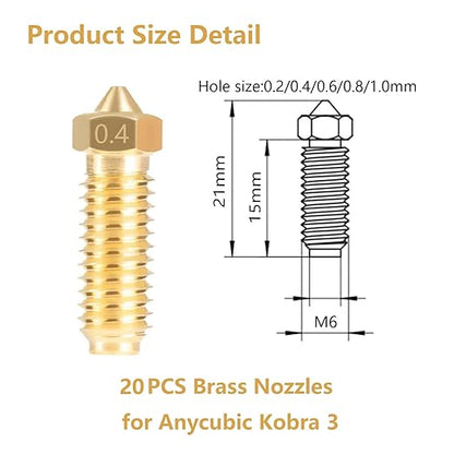 Set de 20 duze extrudare imprimanta 3D Kobra 3, Anycubic Kobra 3, Cobra 3 Combo, 8 buc 0, 4 mm si 3 cate buc de 0, 2 mm, 0, 6 mm, 0, 8 mm, 1, 0 mm fiecare, filet M6, pentru majoritatea materialelor de imprimare FDM