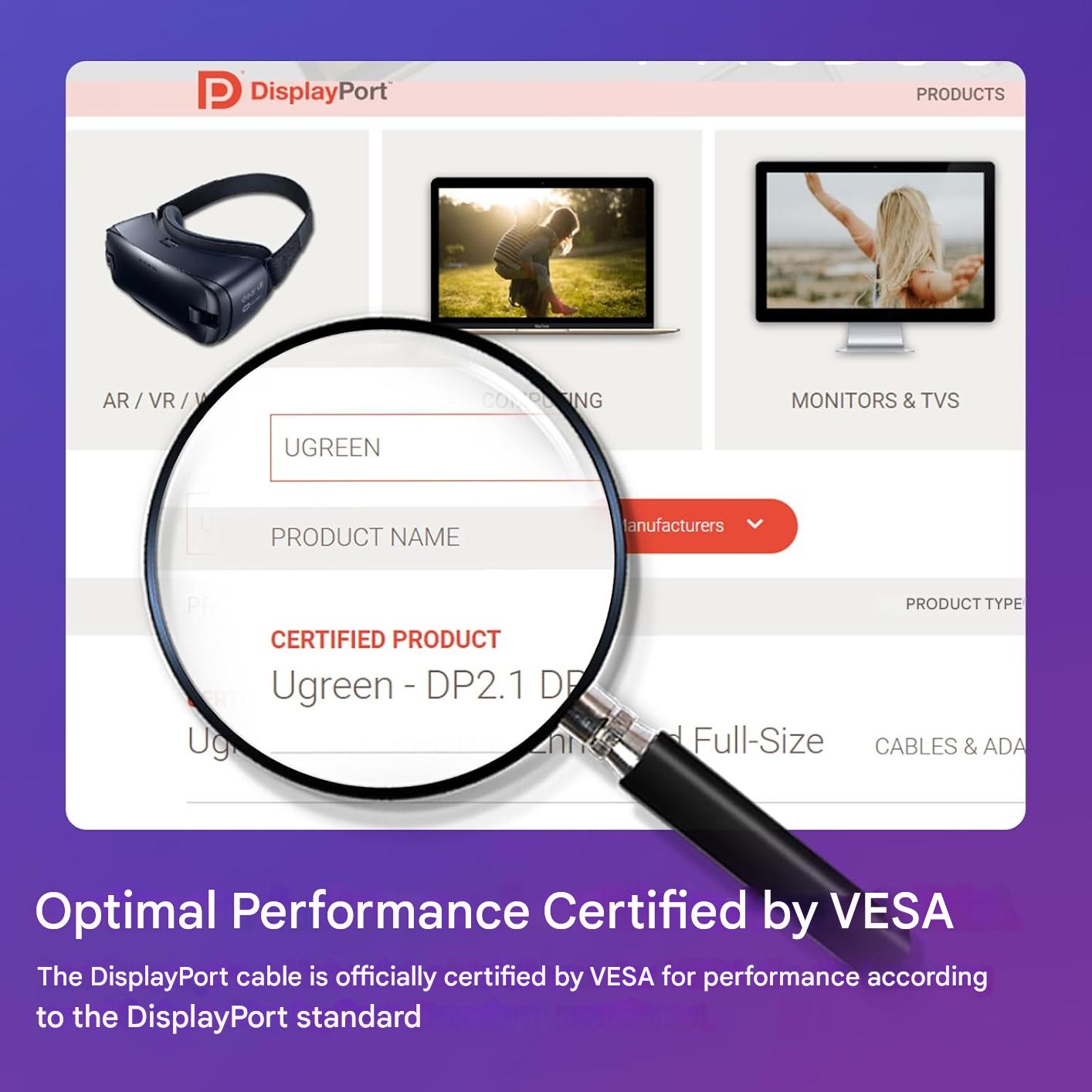 Cablu UGREEN DisplayPort 2.1 certificat VESA, de 2 m, suport 16K@30Hz, 8K@240Hz, 4K@240Hz, 40 Gbps, HDR, HDCP 2.2, DSC 1.2a, FreeSync/G-Sync, compatibil PC, monitor gaming, TV