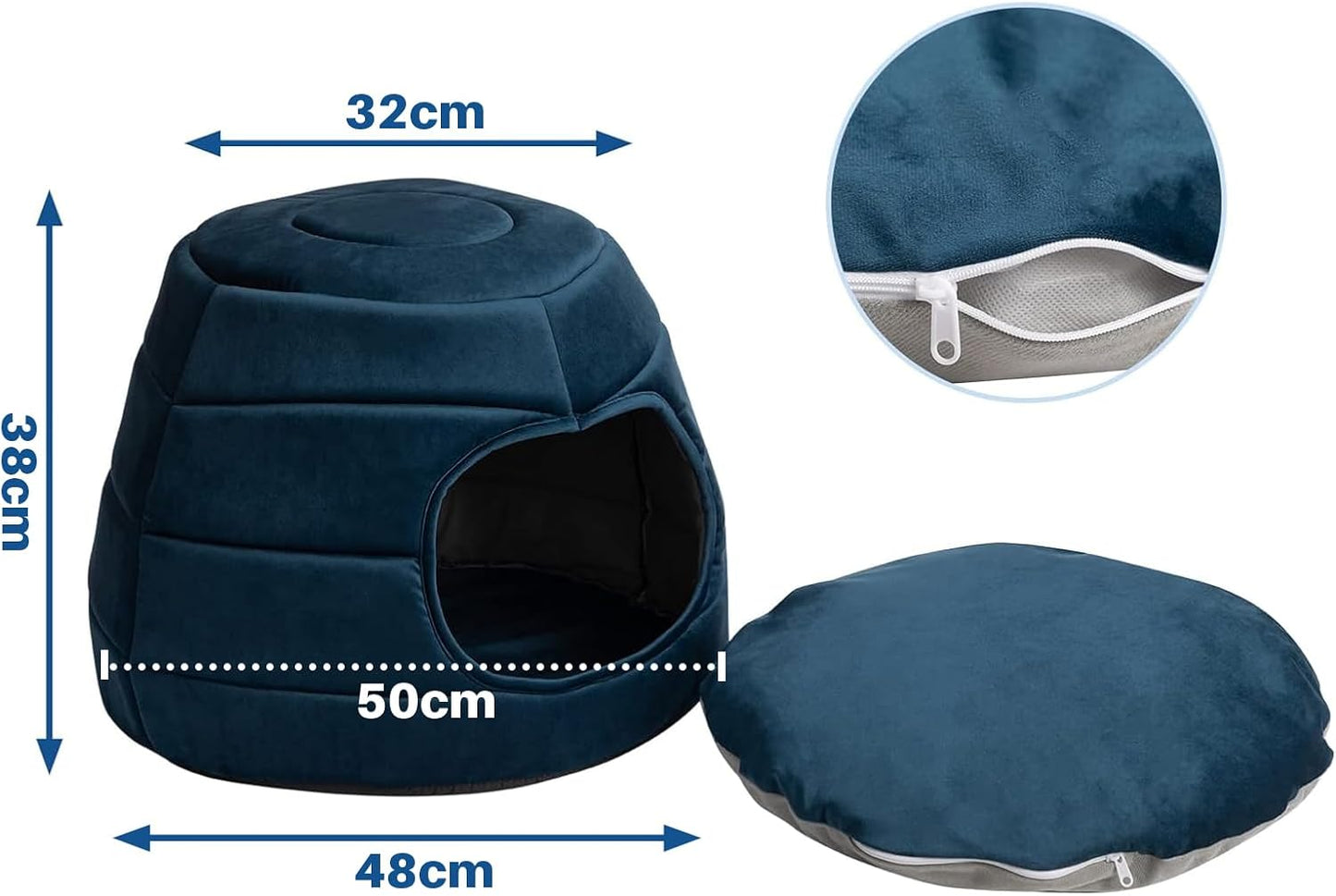 Patut caini si pisici 2 in 1, culcus pliabil pentru animale de companie mici, forma casuta si pat, din bumbac si tesatura de catifea, albastru inchis