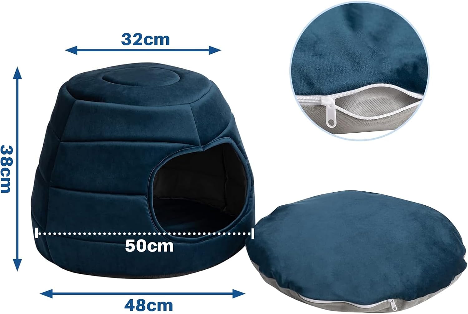 Patut caini si pisici 2 in 1, culcus pliabil pentru animale de companie mici, forma casuta si pat, din bumbac si tesatura de catifea, albastru inchis