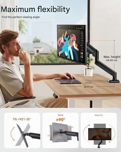 Suport monitor ErGear, brat reglabil 13–34 inch, max 10 kg, VESA 75x75/100x100 mm, montare pe birou cu clema sau traversa, rotatie 360°, inclinare -35°/+90°, pivotare ±90°, reglaj inaltime 44,5 cm, gaming si birou, negru