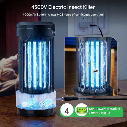 Lampa insecticid electric PALONE 4500V, baterie 4000 mAh, UV 365 nm, USB-C, extensibila cu LED reglabil, capcana anti-tantari 360°, utilizare interior si exterior, fara substante chimice