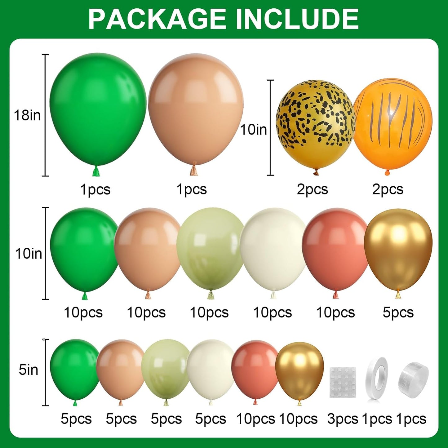 Set arcada baloane, decoratiuni petrecere verde, retro, maro, portocaliu, de diferite dimensiuni, 101 bucati, cu banda baloane si buline adezive