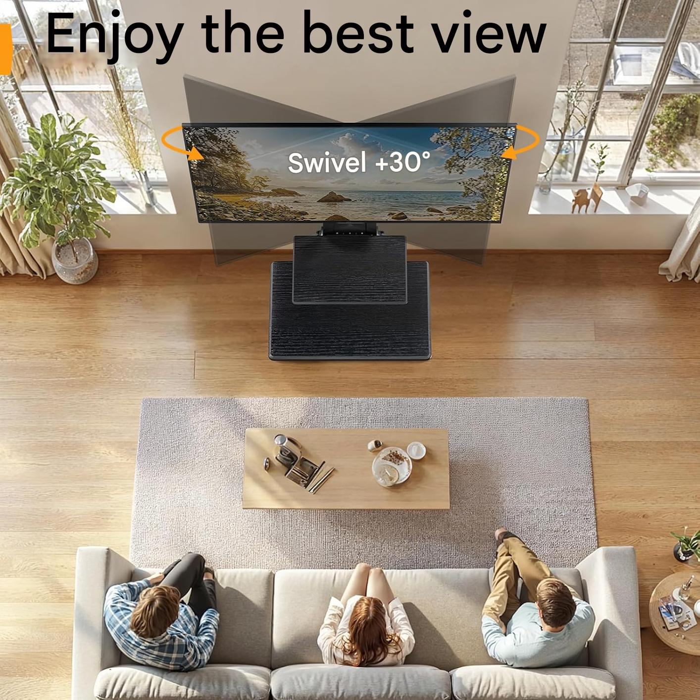 Suport TV, stand pentru televizor 32-86 inch, VESA 600 x 400 mm, pana la 60 kg, 6 reglaje de inaltime cu raft, baza eleganta din lemn