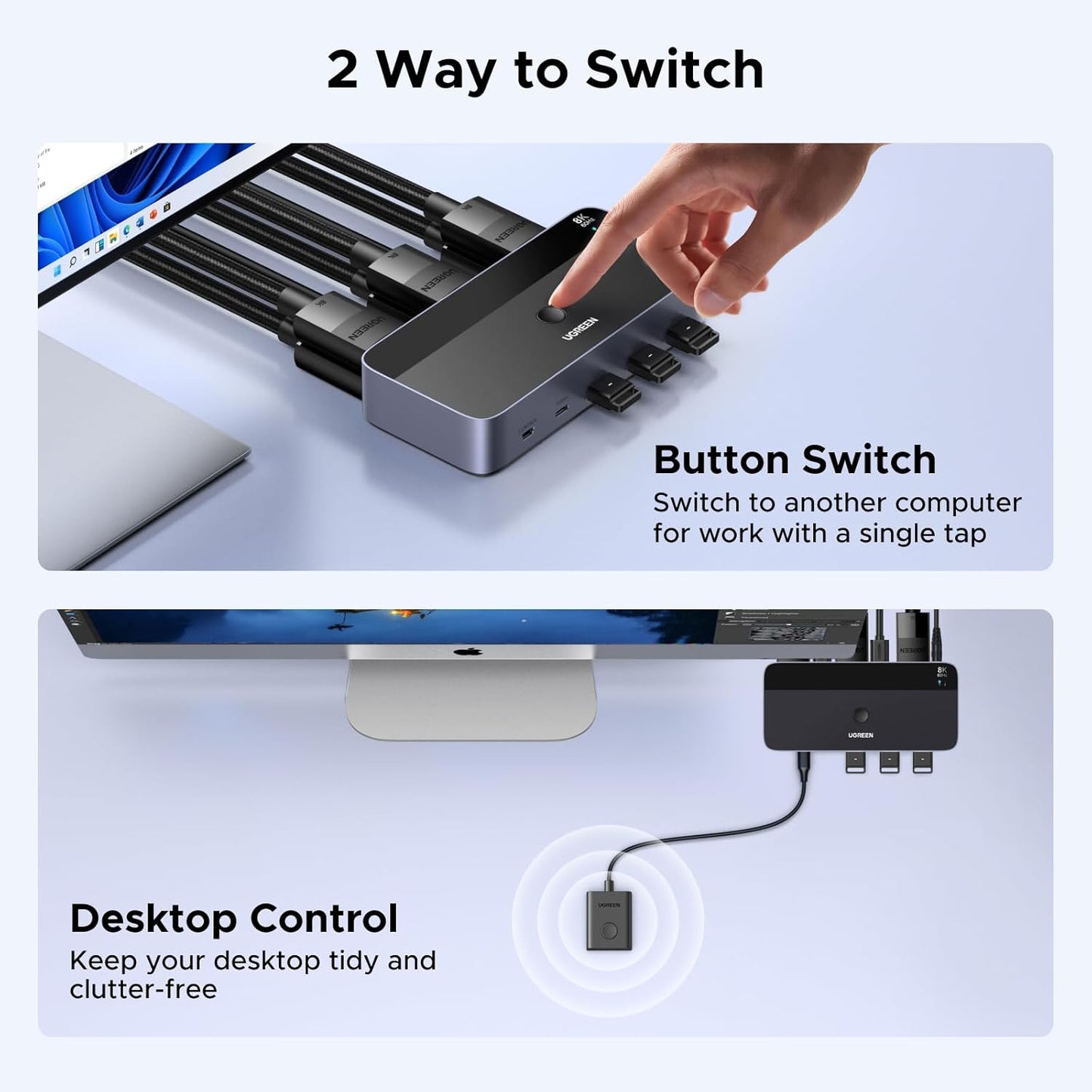 Switch KVM DP, Adaptor Hub pentru 2 computere si 2 monitoare, DisplayPort 8K60Hz, 4 porturi USB 3.0 5Gbps, USB-C, Buton Desktop Control, compatibil Windows/Linux/macOS