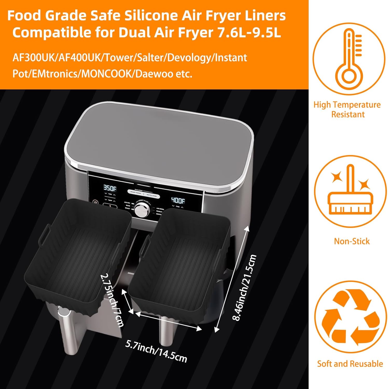 Set accesorii friteuza aer cald, 12 piese, compatibile cu Airfryer 7.6 litri, cu gratare, cleste, tavi silicon, perie pentru ulei, protectie de silicon, universal