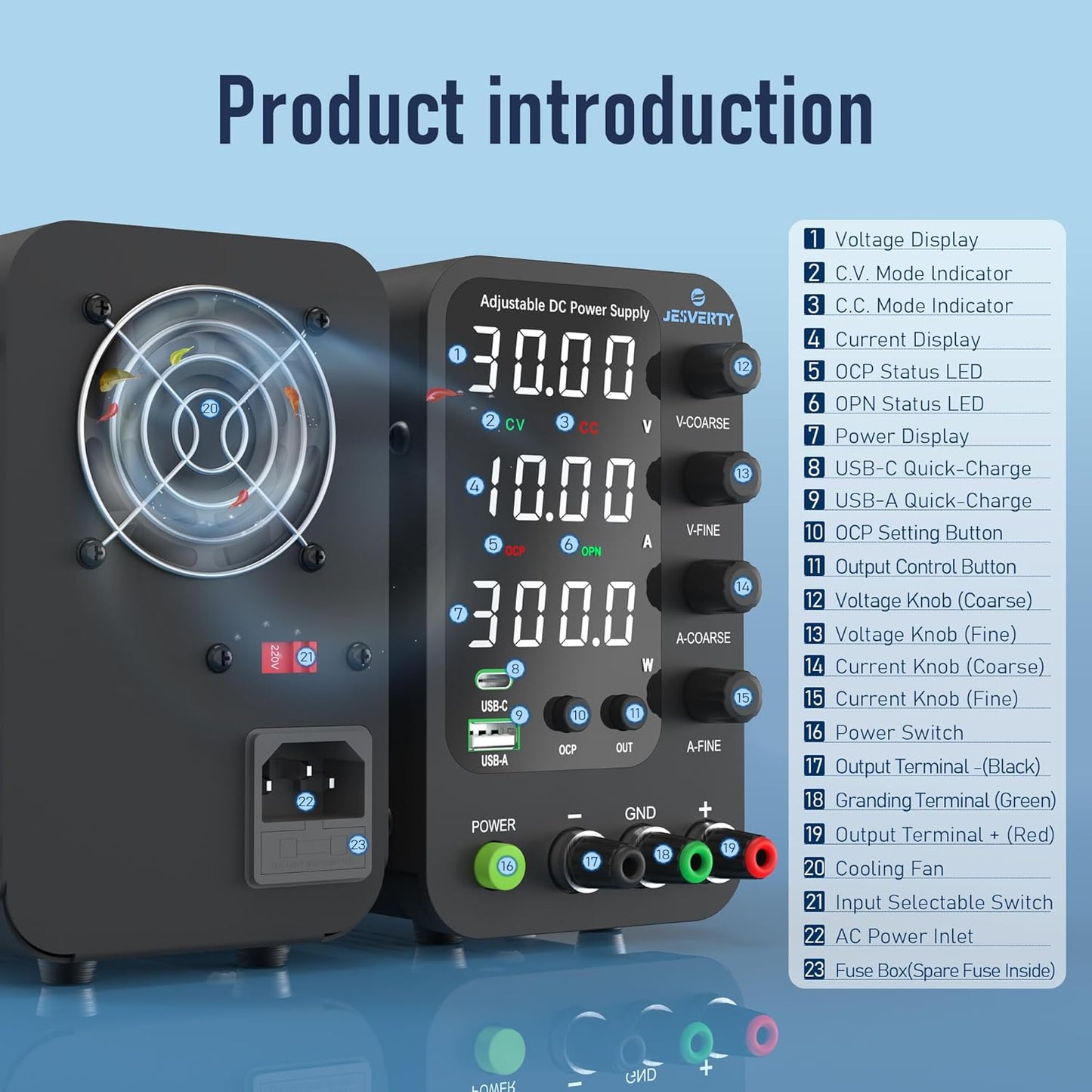 Sursa de alimentare de laborator 32 V, 10 A, CC, cu reglaj fin si grosier prin codificator, USB-C si USB-A 20 W, protectie supracurent OCP, ventilator de racire, intrare AC115V/230V, Jesverty