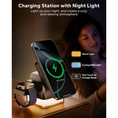 Incarcator wireless 3 in 1, statie de incarcare MagSafe compatibil iPhone17 16 15 14 13 12, iWatch si Airpods, cu lumina de noapte, design pliabil, multifunctional