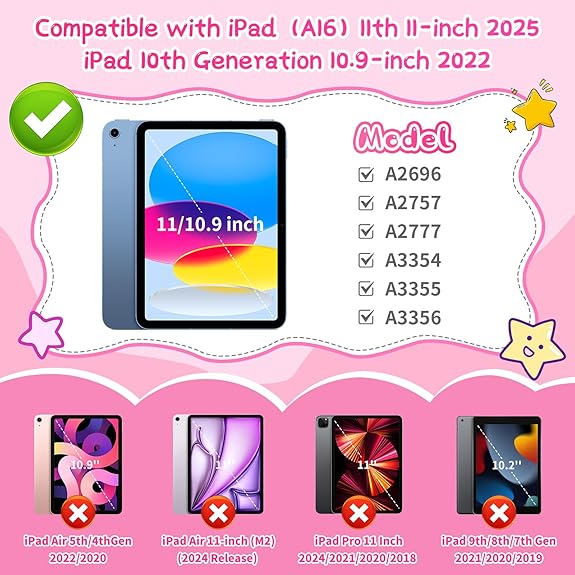 Coolden Husa iPad 11 Gen 2025 & 10 Gen 2022 – Model cu capsuni, suport 360°, curea de umar, rezistenta la socuri, roz