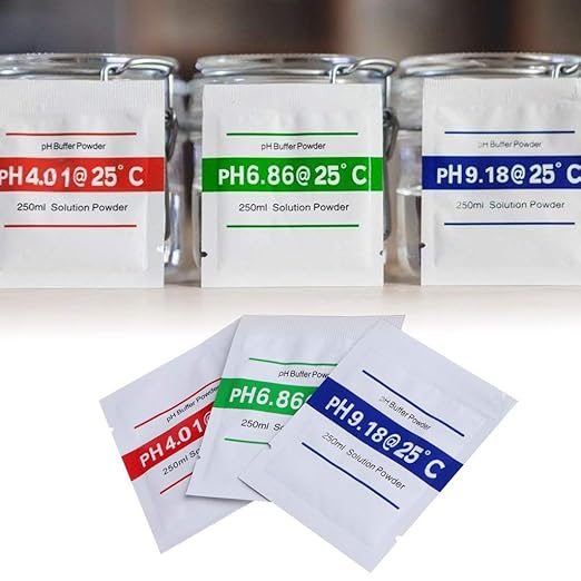 Set solutii calibrare pentru pH-metru, precizie de ±0, 01 unitati de pH la 25°C, stabil, 18 plicuri x pH 4, 01, 6, 86 si 9, 18, pentru testarea apei din piscina, testarea hidroculturii pentru acvarii