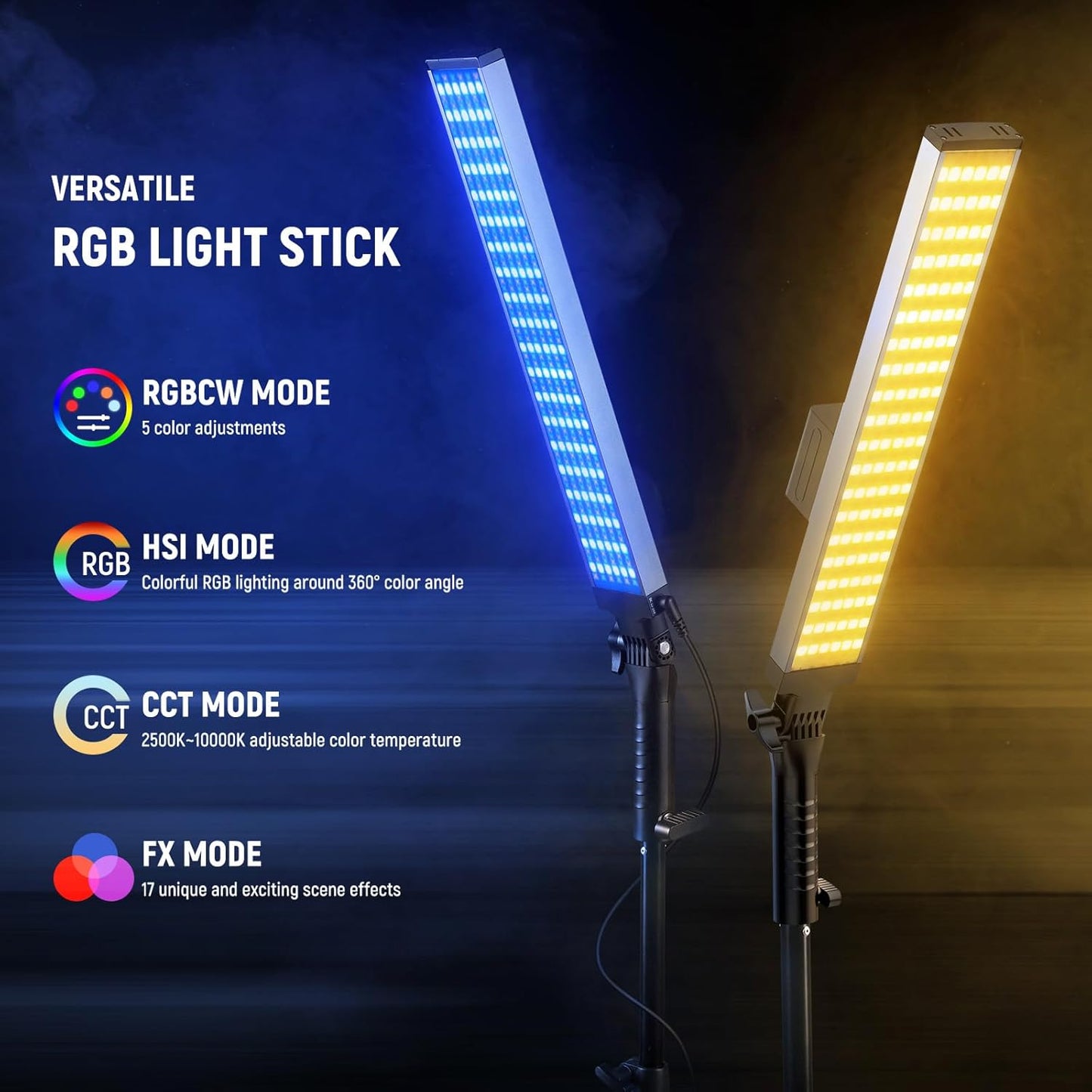 Kit lumina continua, 2 lumini studio LED RGB, lampa video CRI95+, 3250lux, dimabile 2500-10000K, control prin aplicatie, filtre difuzie, display LCD, alimentare duala, cu 2 buc trepied reglabil si geanta de depozitare si transport