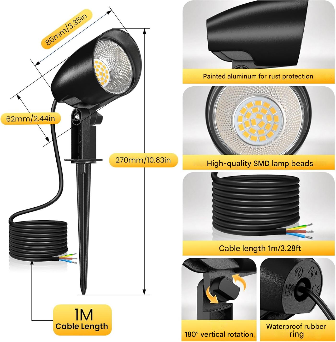 Set 2 proiectoare, lampi gradina 20W, alb cald 2700K, impermeabile IP66, cu tarus de pamant si cablu de 1 m, iluminat exterior pentru gradina, curte, petrecere