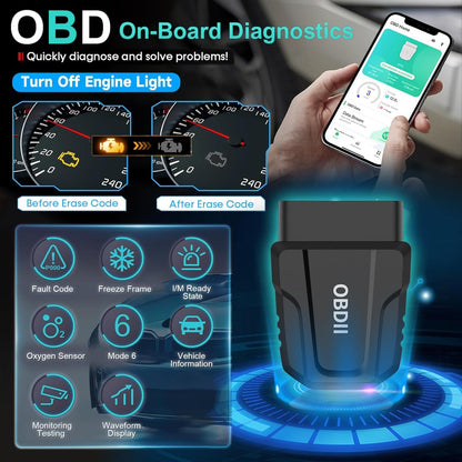 Interfata OBD2, tester Bluetooth 5.4 wireless, diagnoza multimarca cu stergere martori bord, citire coduri eroare, test senzor oxigen, compatibil iOS si Android