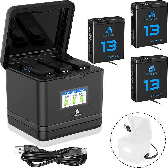 Set 3 acumulatori Homesuit AHDBT-901 pentru GoPro Hero 13 Black Enduro, 2300 mAh si incarcator cu 3 canale, cu afisaj LCD, capac, cablu USB Type-C