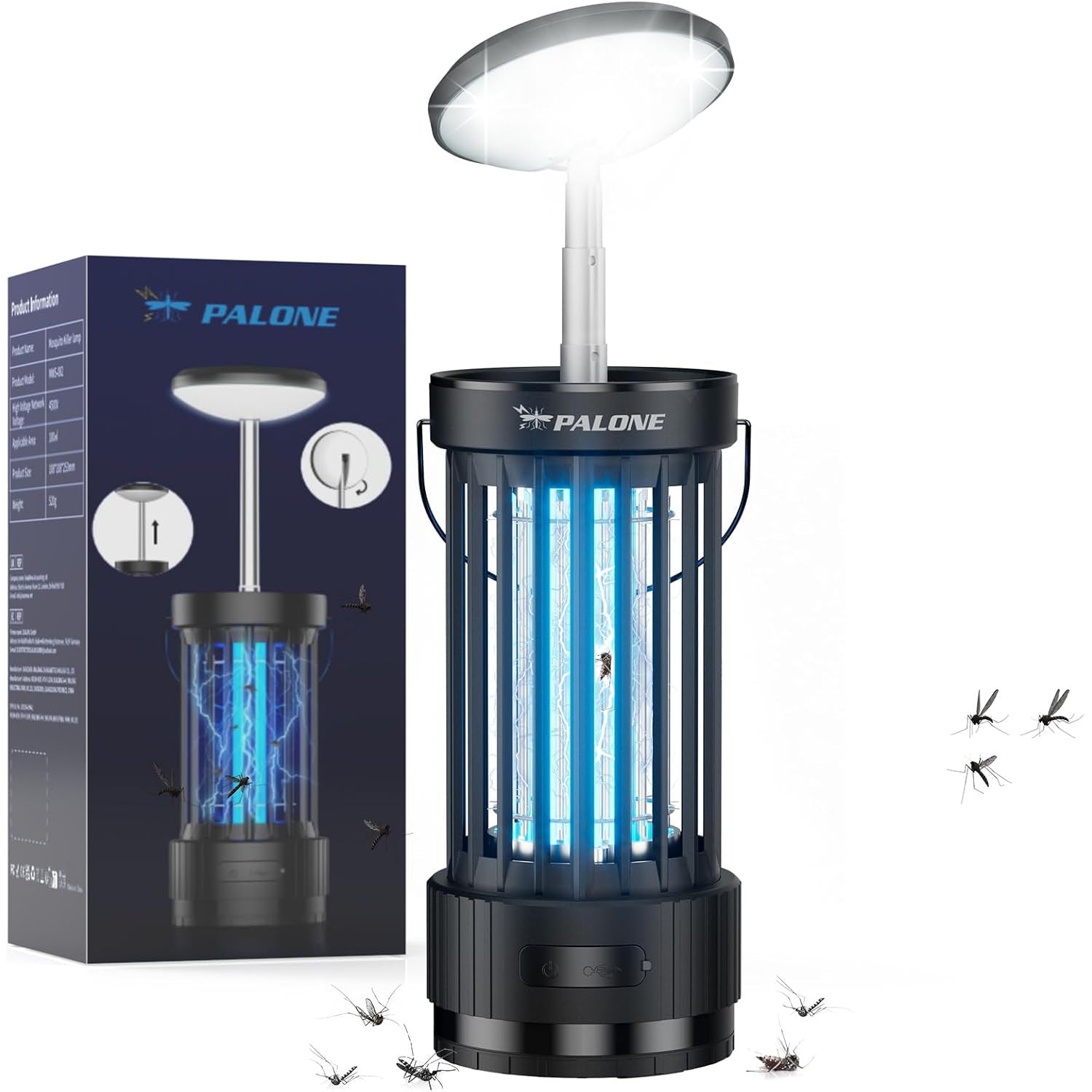 Lampa insecticid electric PALONE 4500V, baterie 4000 mAh, UV 365 nm, USB-C, extensibila cu LED reglabil, capcana anti-tantari 360°, utilizare interior si exterior, fara substante chimice