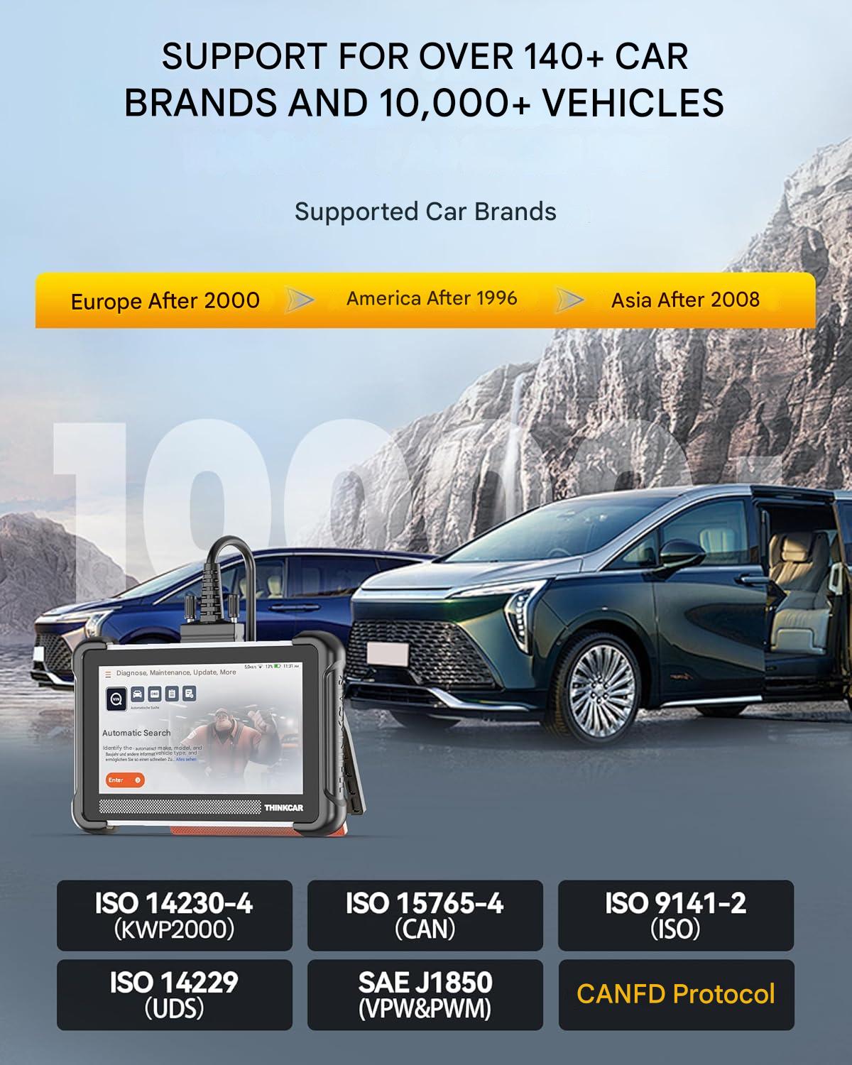 Tester auto profesional ThinkScan 672, OBD2 Diagnostic Scanner, 28 resetari de sistem, diagnosticare completa si testare activa BI, compatibil CANFD, afisaj color, negru/galben