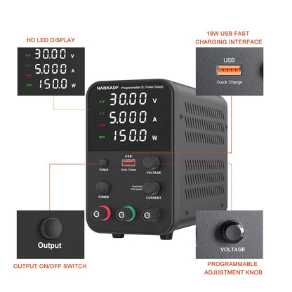 Sursa de alimentare de laborator 0-30 V, 0-5 A, 150 W, cu display LED, ventilator de racire, functie protectie supracurent (OCP), cu port USB 15W, stabilizare voltaj si curent, CV/CC