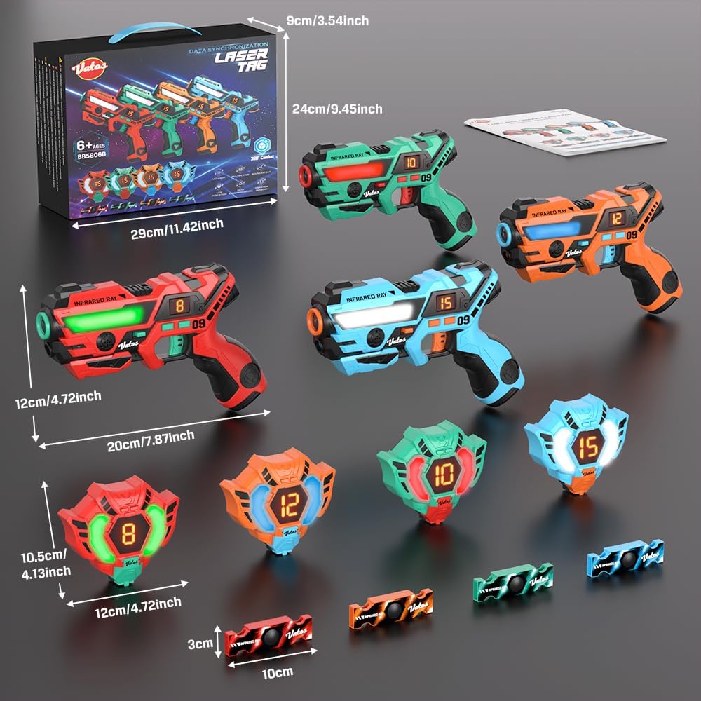 Set pistol Laser Tag VATOS, 4 arme cu infrarosu 2.4GHz + 4 veste cu senzori 360°, display LCD, 4 moduri de tragere, reincarcabil USB, sincronizare automata, raza 40m, joc interactiv pentru copii si familie