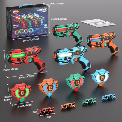 Set pistol Laser Tag VATOS, 4 arme cu infrarosu 2.4GHz + 4 veste cu senzori 360°, display LCD, 4 moduri de tragere, reincarcabil USB, sincronizare automata, raza 40m, joc interactiv pentru copii si familie