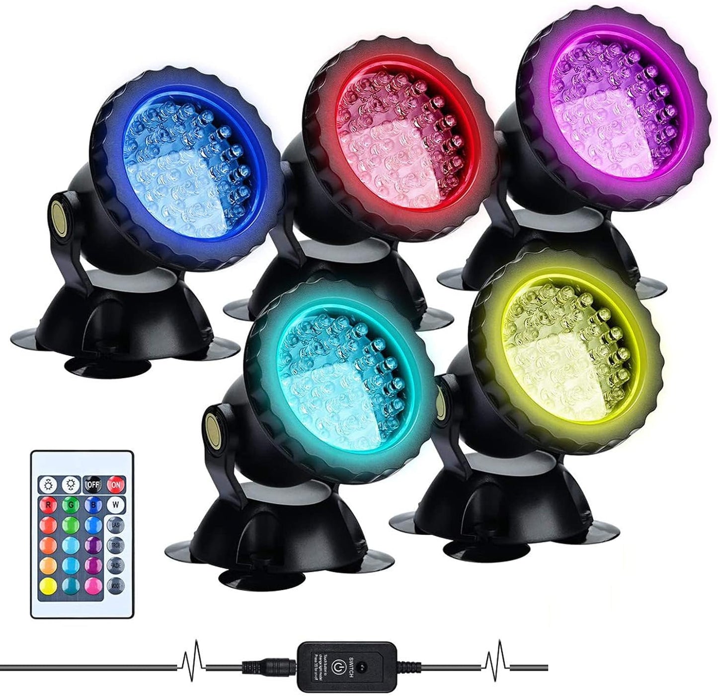 Set 5 lampi pentru gradina LED RGB, proiector cu telecomanda, impermeabile IP68, fixare prin ventuze, reglabile 180°, 10 niveluri luminozitate, 16 efecte monocromatice si 4 dinamice, pentru iaz, piscina, fantana arteziana