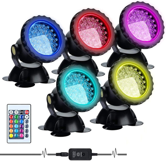 Set 5 lampi pentru gradina LED RGB, proiector cu telecomanda, impermeabile IP68, fixare prin ventuze, reglabile 180°, 10 niveluri luminozitate, 16 efecte monocromatice si 4 dinamice, pentru iaz, piscina, fantana arteziana
