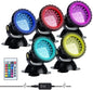 Set 5 lampi pentru gradina LED RGB, proiector cu telecomanda, impermeabile IP68, fixare prin ventuze, reglabile 180°, 10 niveluri luminozitate, 16 efecte monocromatice si 4 dinamice, pentru iaz, piscina, fantana arteziana