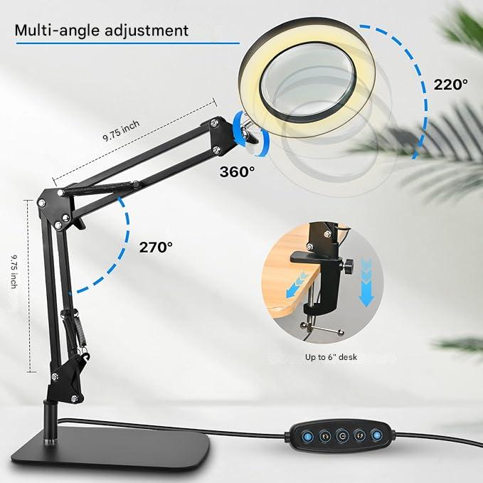 Lampa cosmetica LED cu brat si lupa, marire 10X, rotativa la 360°, 12, 6 W, 1800 lumeni, reglabila, 5 moduri si 10 intensitati iluminare, dimabila, 2 in 1 cu baza si clema, pentru machiaj, tatuaje, bijuterii, electronica