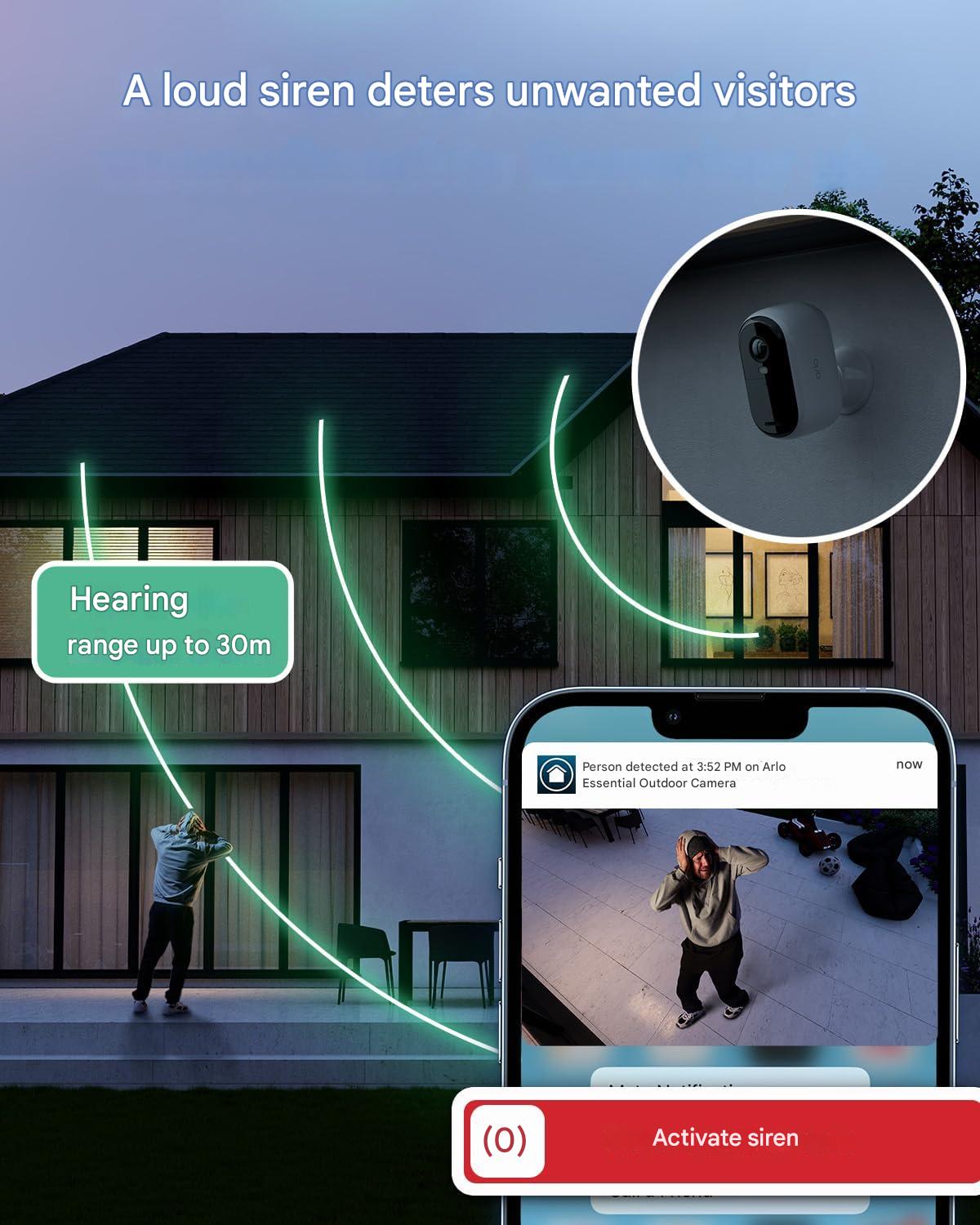 Camera De Securitate Exterioara Arlo Essential 2 Hd Alimentata Cu Baterie, Cu Wi-Fi, Wireless, Video 1080P, Vedere Nocturna Color, Lumina, Detector De Miscare, Sirena, Audio Bidirectional, Smart Home + Versiune De Proba A Planului Arlo Secure, Set De 2