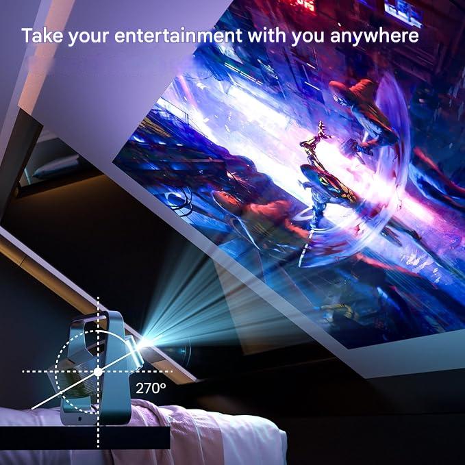 Vidoproiector portabil smart 4K, cu Android 13.0, WiFi 6, Bluetooth 5.2, rotativ la 270°, corectie E-Focus/trapezoidala, 25000 Lux, 1080P, cu USB 2.0, HDMI 2.1 si AUX 3, 5 mm, compatibil Smartphone, PC, Laptop, Tableta, PS5, pentru interior si exterior