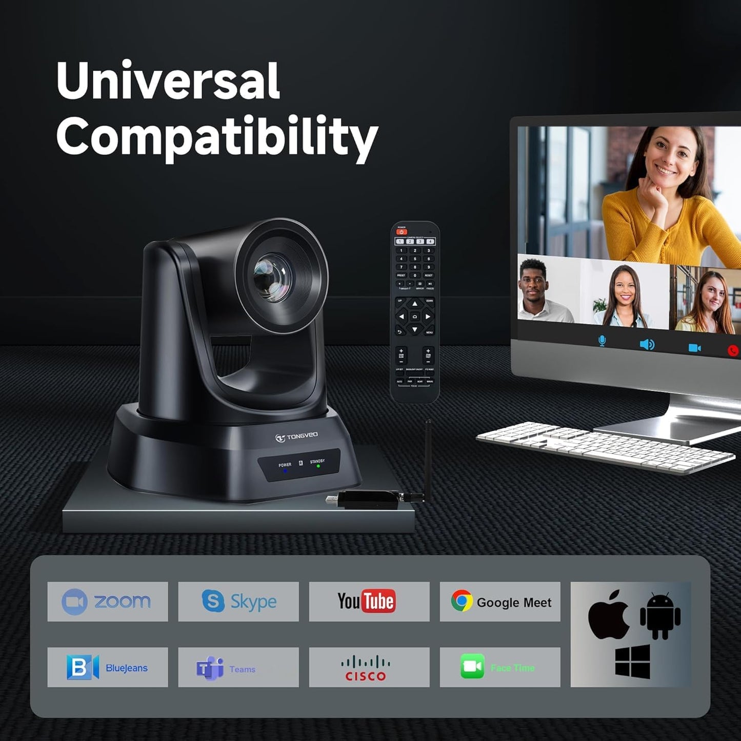 Camera PTZ wireless TONGVEO 5.8 GHz, 1080P 60FPS, USB 3.0, rotire 350° si inclinare 180°, telecomanda, receptor USB inclus, pentru videoconferinte si Streaming Live, compatibila Windows/Mac, Zoom si OBS, Plug & Play