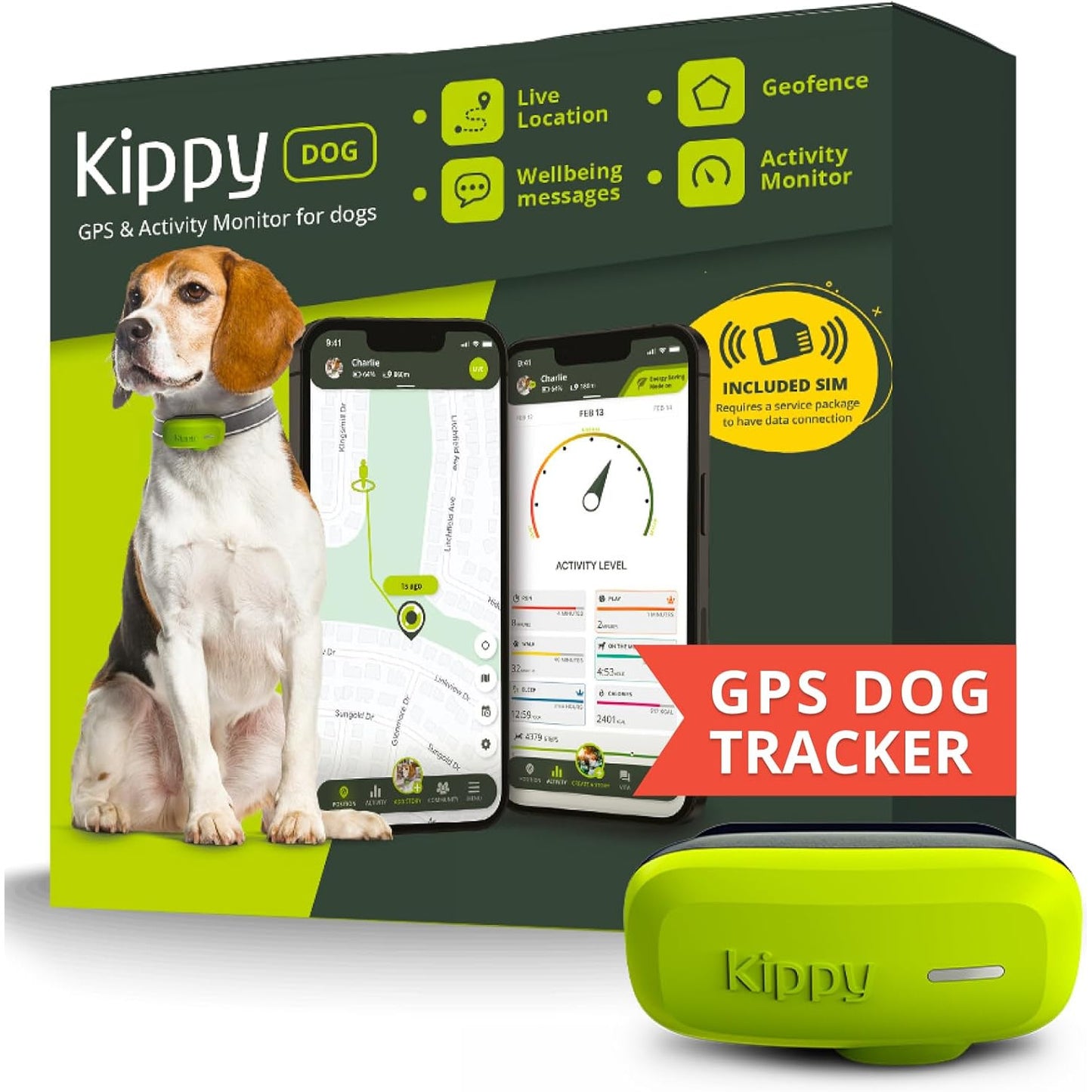 Tracker GPS pentru caini Kippy Dog, dispozitiv monitorizare activitate cu geofence, urmarire in timp real, notificari, impermeabil, verde