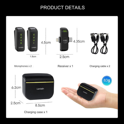 Set 2 microfoane lavaliera pentru iPhone, iPad si Android, sunet omnidirectional 360º, cu statie de incarcare, plug & play, sistem reducere zgomot, wireless 2.4G, indicator nivel baterie, incarcare USB-C, portabil, negru