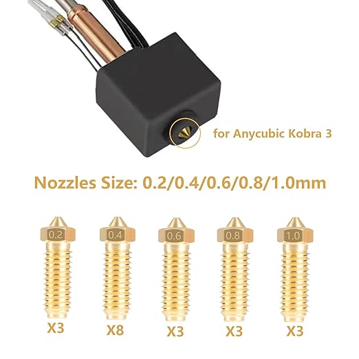 Set de 20 duze extrudare imprimanta 3D Kobra 3, Anycubic Kobra 3, Cobra 3 Combo, 8 buc 0, 4 mm si 3 cate buc de 0, 2 mm, 0, 6 mm, 0, 8 mm, 1, 0 mm fiecare, filet M6, pentru majoritatea materialelor de imprimare FDM