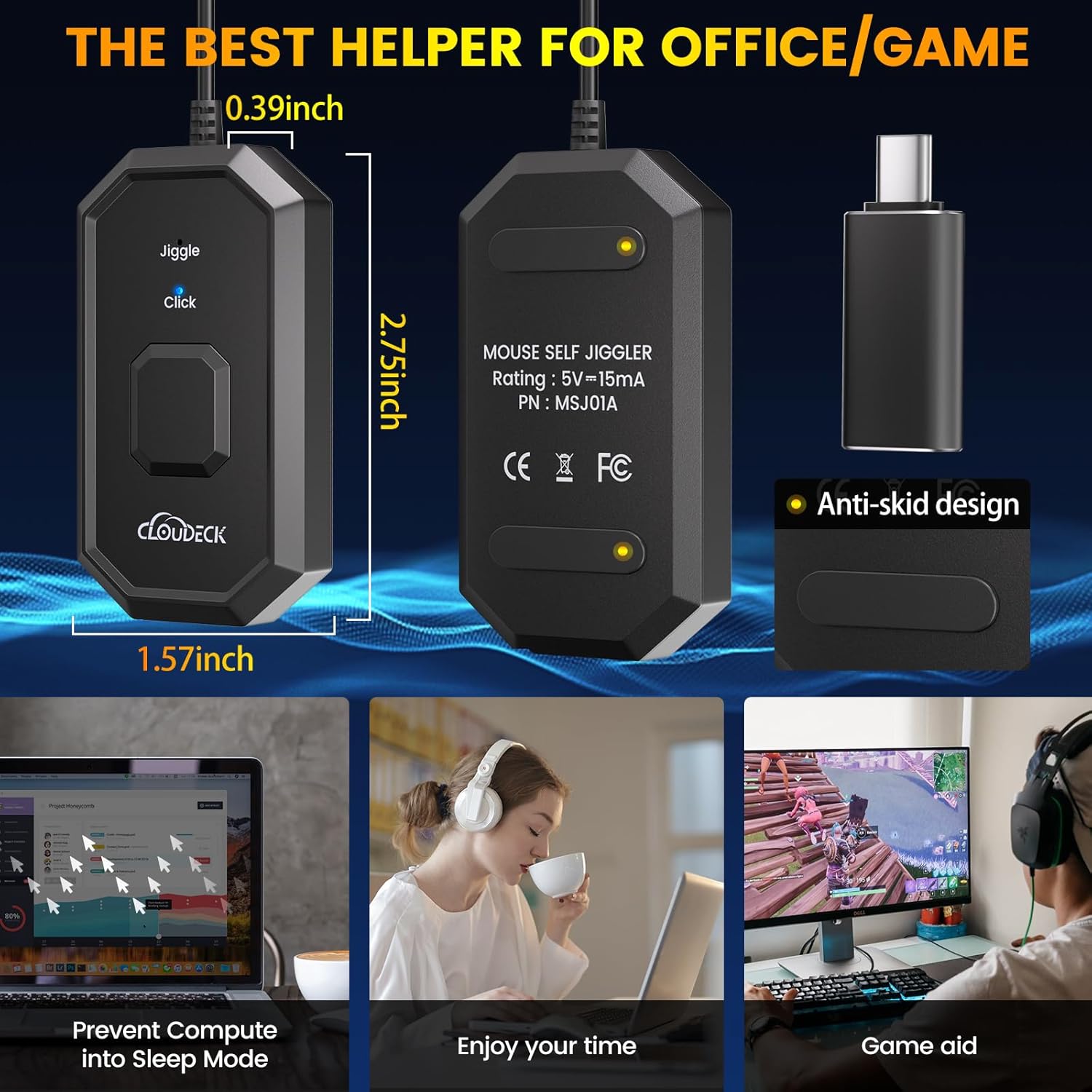 Jiggler mouse 2 in 1 functie auto click si simuleaza miscarea mouseului, nedetectabil, cu adaptor USB-C, Plug & Play, pentru computer, laptop, PC