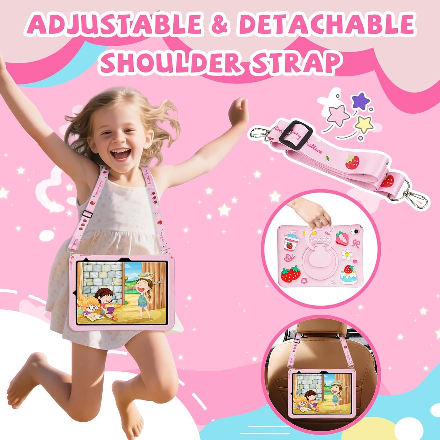 Husa de protectie pentru iPad Gen 11 (A16) de 11inch si iPad Gen 10 10, 9 inch, cu stand tip inel pliabil si rotativ, curea de umar detasabila, rezistenta la socuri, roz