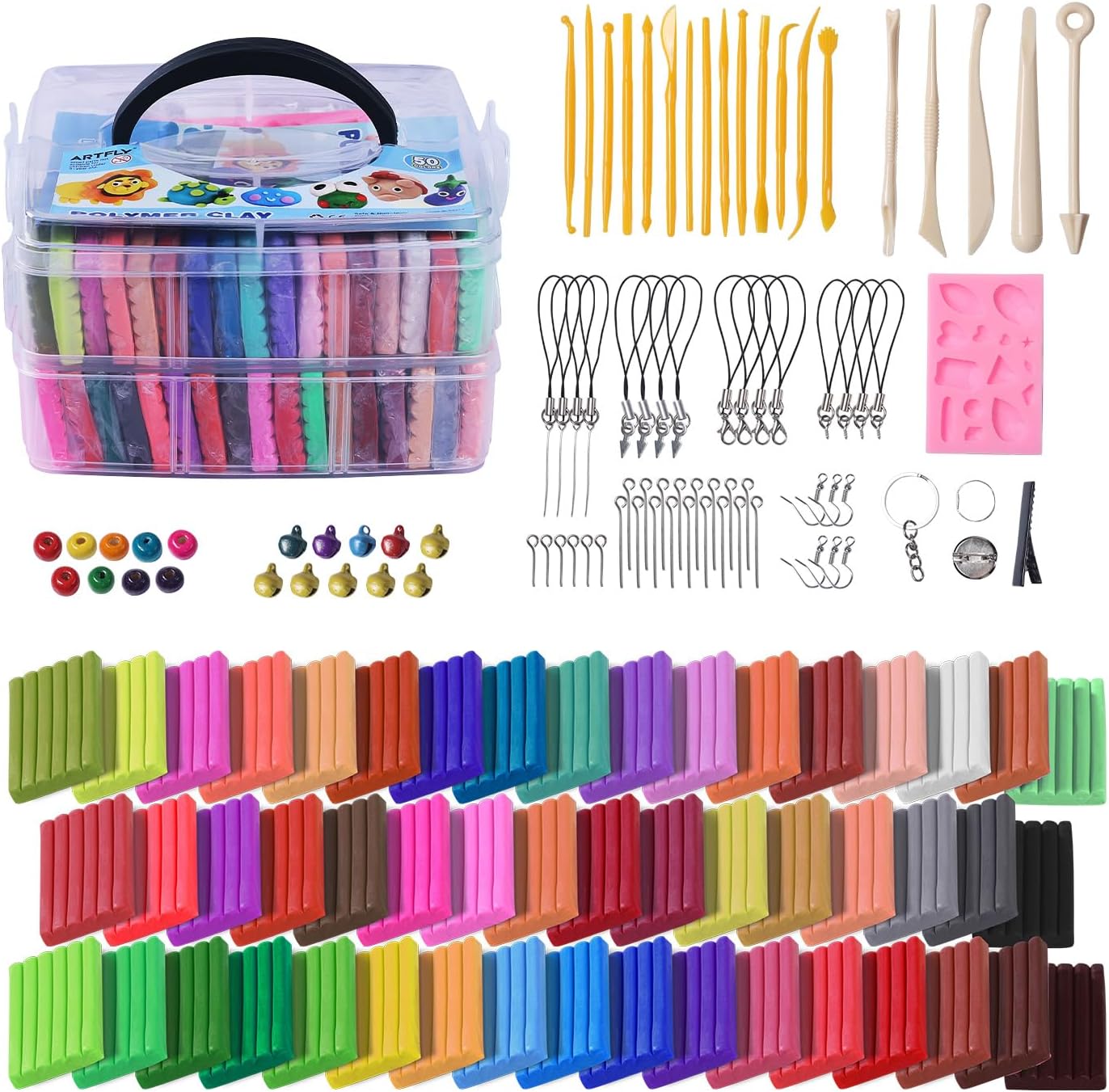Set plastilina 50 culori, argila polimerica cu matrita, unelte de modelare, ace, prindere breloc si snur telefon, din material non-toxic, in cutie de depozitare
