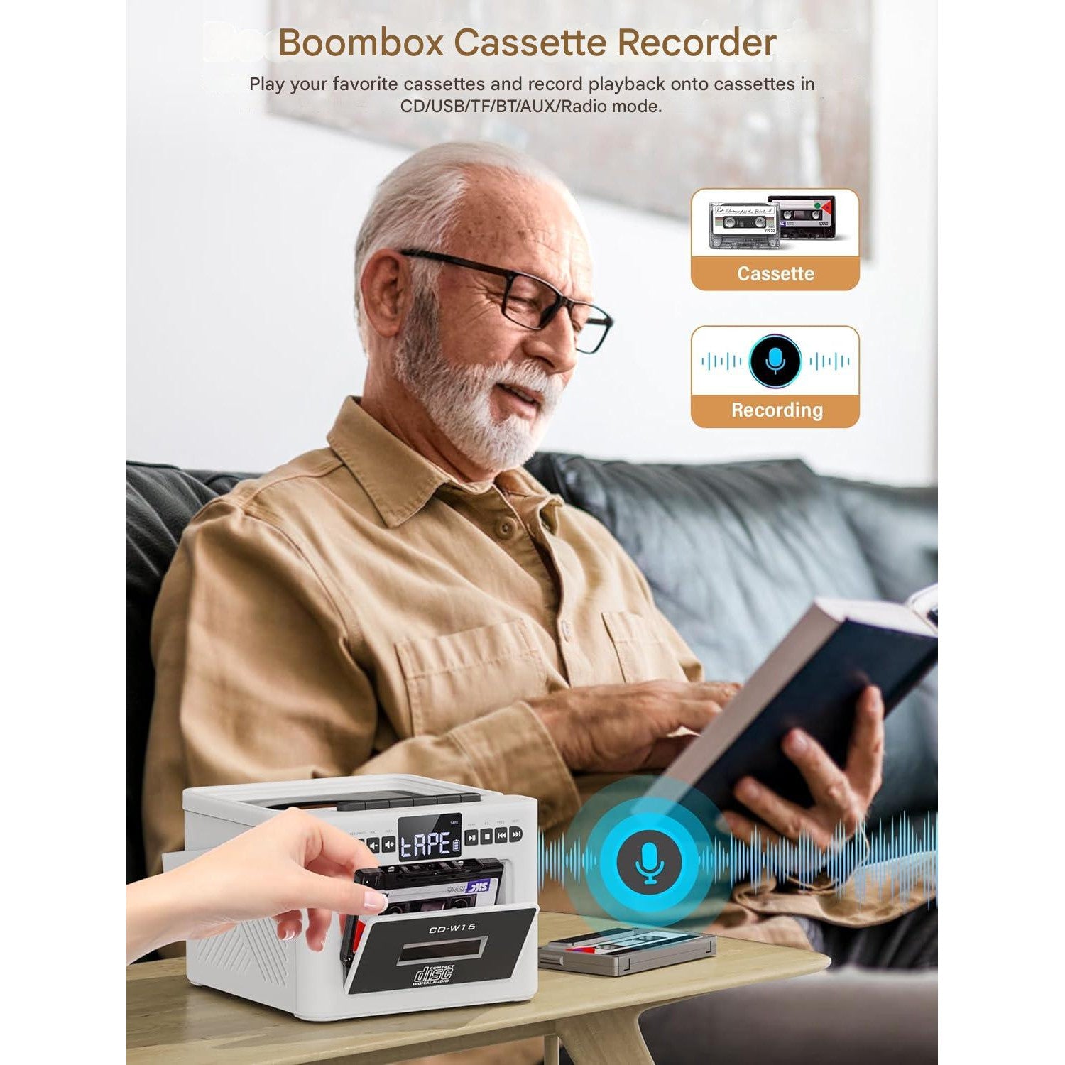 Radio cu casetofon si player CD, baterie reincarcabila 5000 mAh, afisaj LED, telecomanda si maner portabil, difuzoare duble, redare USB/AUX/MP3/Card TF, iesire Jack casti 3, 5 mm, sistem audio multifunctional, alb