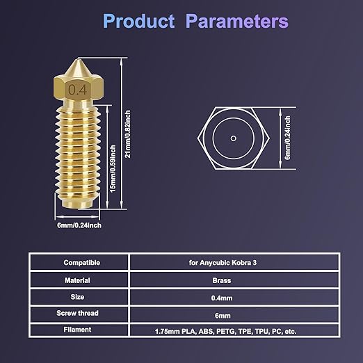 Set 10 duze extrudare imprimanta 3D Anycubic Kobra 3, din alama, de 0, 4 mm, filet M6, duze Hotend extruder cu ac de curatare, pensete si cheie, rezistent la temperaturi ridicate, potrivita pentru majoritatea materialelor FDM