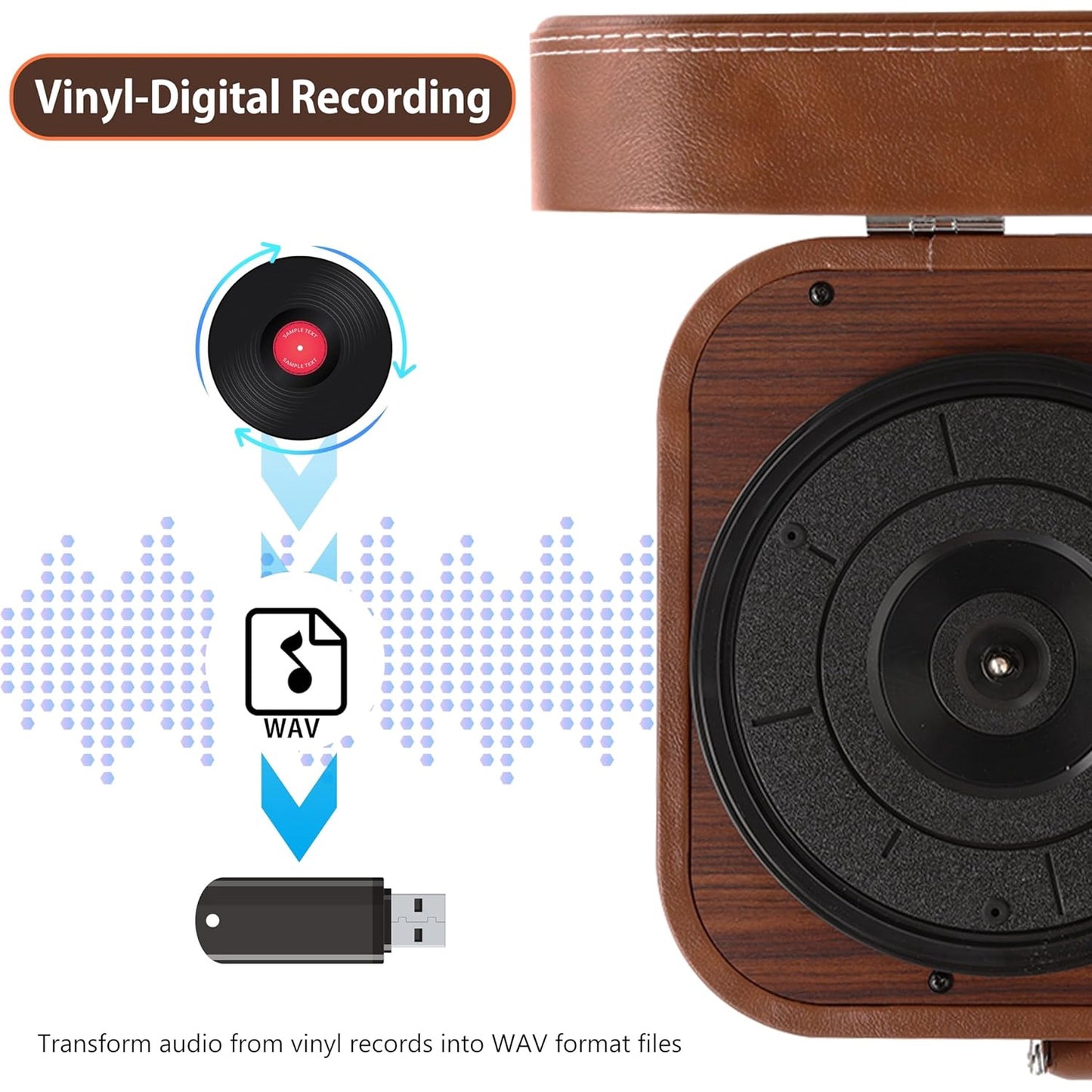 Pick-up Bluetooth 5.4, 3 viteze 33/45/78 rpm, AUX, USB, 2 difuzoare stereo incorporate, pentru vinyl 7/10/12 inch, functie inregistrare, design tip servieta, maro