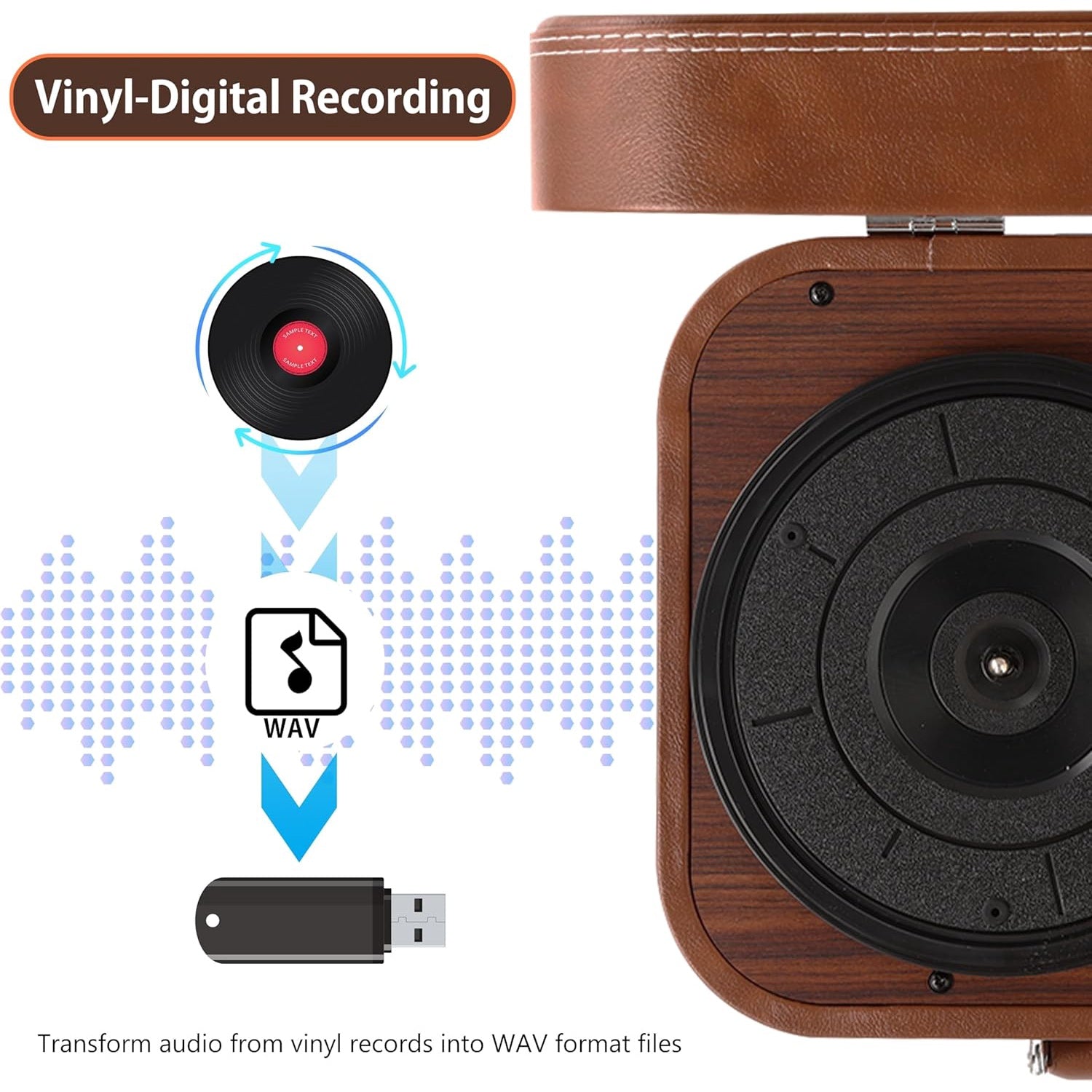 Pick-up Bluetooth 5.4, 3 viteze 33/45/78 rpm, AUX, USB, 2 difuzoare stereo incorporate, pentru vinyl 7/10/12 inch, functie inregistrare, design tip servieta, maro