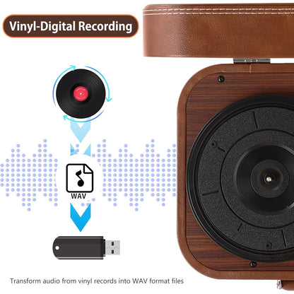 Pick-up Bluetooth 5.4, 3 viteze 33/45/78 rpm, AUX, USB, 2 difuzoare stereo incorporate, pentru vinyl 7/10/12 inch, functie inregistrare, design tip servieta, maro