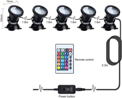 Set 5 lampi pentru gradina LED RGB, proiector cu telecomanda, impermeabile IP68, fixare prin ventuze, reglabile 180°, 10 niveluri luminozitate, 16 efecte monocromatice si 4 dinamice, pentru iaz, piscina, fantana arteziana