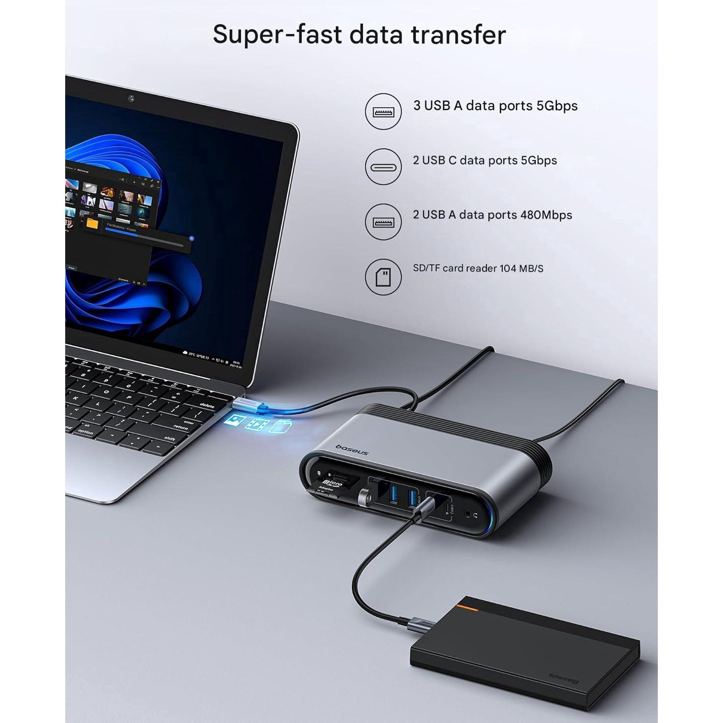 Statie andocare 17-in-1, docking station cu 2 porturi HDMI 4K, 1 x Displayport, USB-C PD, 5 x USB-A, 1 x Ethernet 1 Gbps, slot card SD/TF, functie split screen, pentru Windows si MacOS