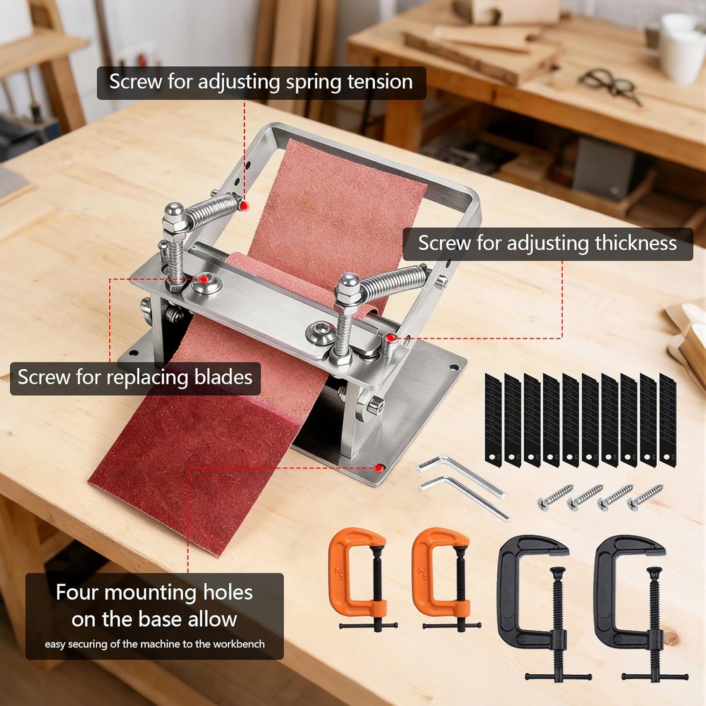 Masina de subtiat pielea, din otel inoxidabil, aparat manual pentru prelucrare piele, 10 lame interschimbabile, reglaj grosime 0, 1 mm, latime lucru 8 cm, maner antiderapant, utilizare manuala sau pe banc, pentru atelier si artizanat piele