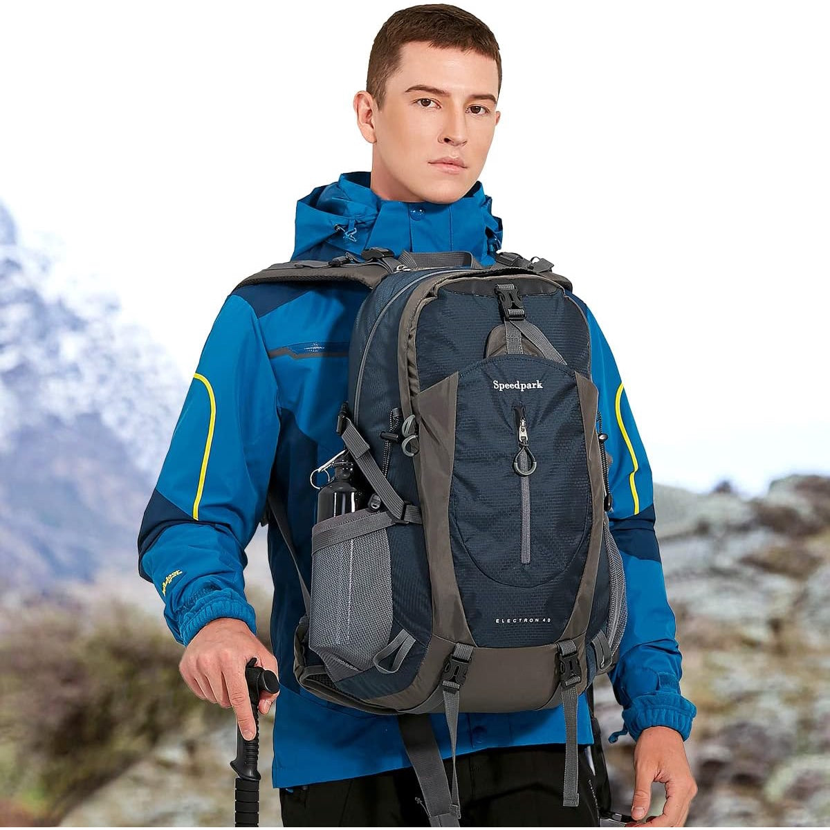 Rucsac de drumetie 40 l cu husa de ploaie, gheozdan impermeabil cu buzunar frontal si laterale, material bretele respirabil, pentru drumetii, camping, trekking, albastru